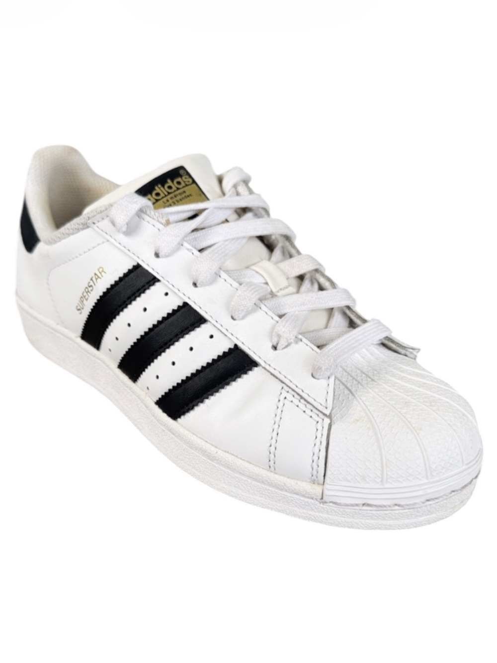 Adidas kids white leather triple stripe lace up sneakers size 5.5